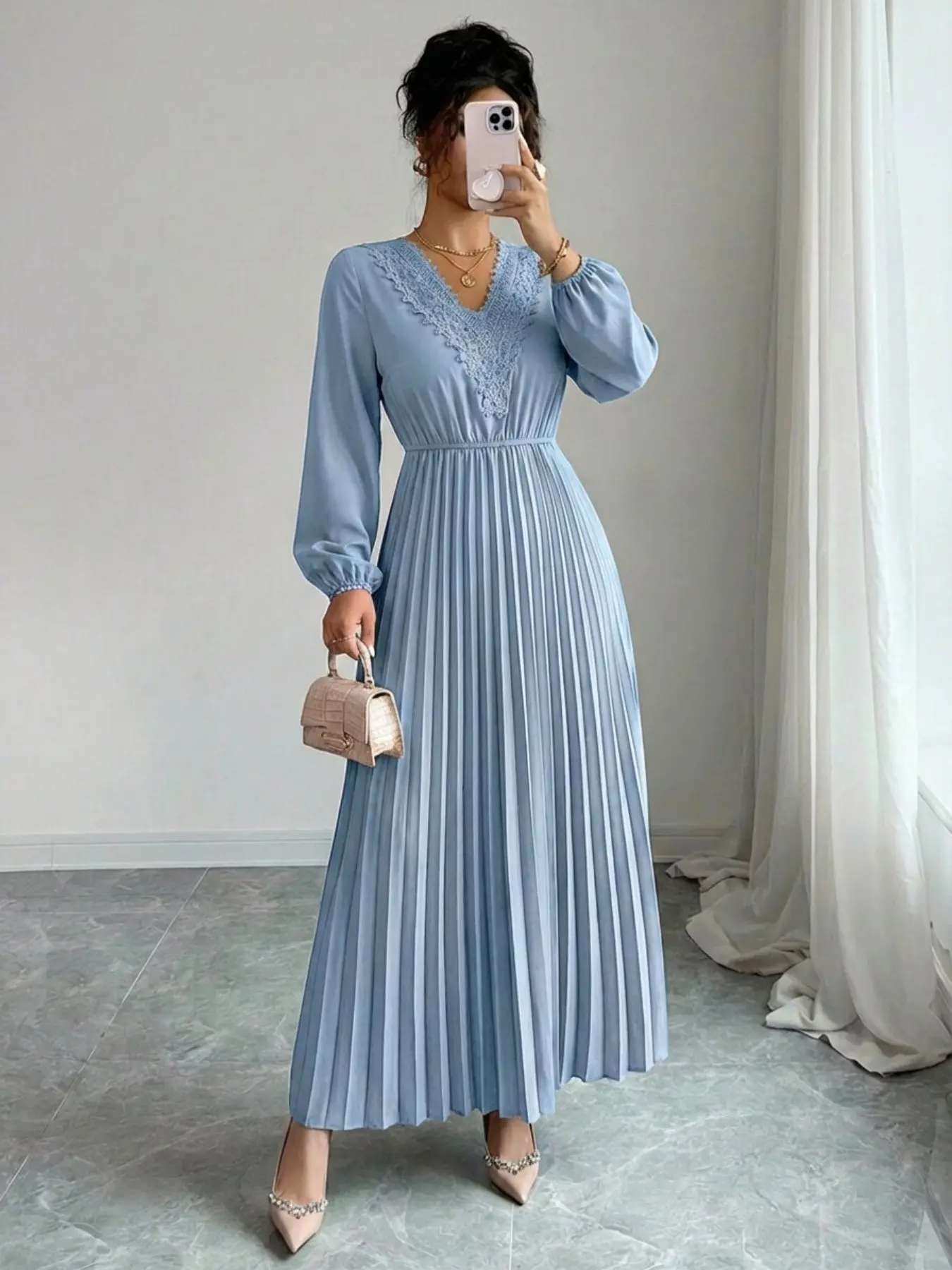 Elegant V-Neck Lace Trim Long Sleeve Ruffle Waist Midi Dress, Spring & Fall  Pure Color Fashion, Women's Casual Wear - TikTok Shop