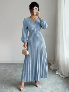 Elegant V-Neck Lace Trim Long Sleeve Ruffle Waist Midi Dress, Spring & Fall Pure Color Fashion, Women's Casual Wear