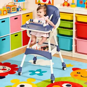Baby High Chair with Removable Double Trays, Adjustable Height, Lockable Wheels, Toy Bar, and Storage Basket - Sturdy Toddler Dining Chair for Infants to Toddlers feeding detachable pu cushion