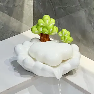 Drainable Green Pine Creative Soap Dish, Bathroom Ceramic Soap Holder & Storage Rack, Household Non-ponding Soap Tray
