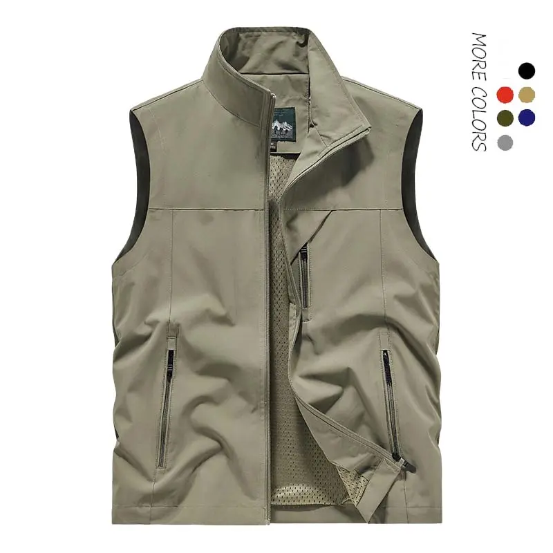 Men's vest with stand collar, multiple pockets, workwear style, suitable for outdoor photography and fishing. Large size, comfortable and easy to pack, perfect for casual and commuter wear.