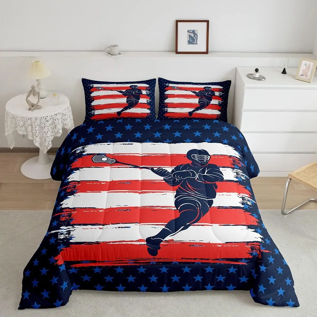 Girls’ Microfibre Kids Bedding Set - Multi-Size Full Navy Blue Duvet Comforter Set, 3D Lacrosse Pattern, Digital Print American Flag Sports Theme, Soft Breathable, Machine Wash, Guest Room Twin/Toddler/RV, Queen