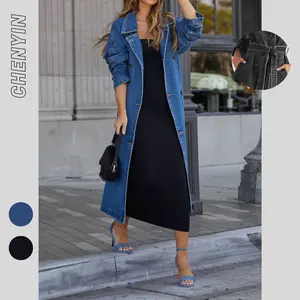 Ins New Style European and American Autumn Winter Women's Trench Coat Denim Cotton Solid Color Double Pocket Long Button Loose Jacket