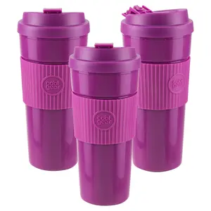 COOL GEAR 3-Pack 19 oz Eco 2 Go Coffee Mug with Protective Removable Band | Dishwasher Safe, Spillproof, Double-Wall Insulated Travel Mug for Coffee, Tea, and More | Plum Pack