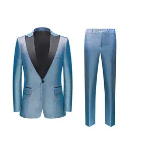 Mens Glitter powder 2 Piece Suits Blue Slim Fit Peaked Lapel One Button Tuxedo Dinner Jacket Trousers Set wedding suit prom suit party suits