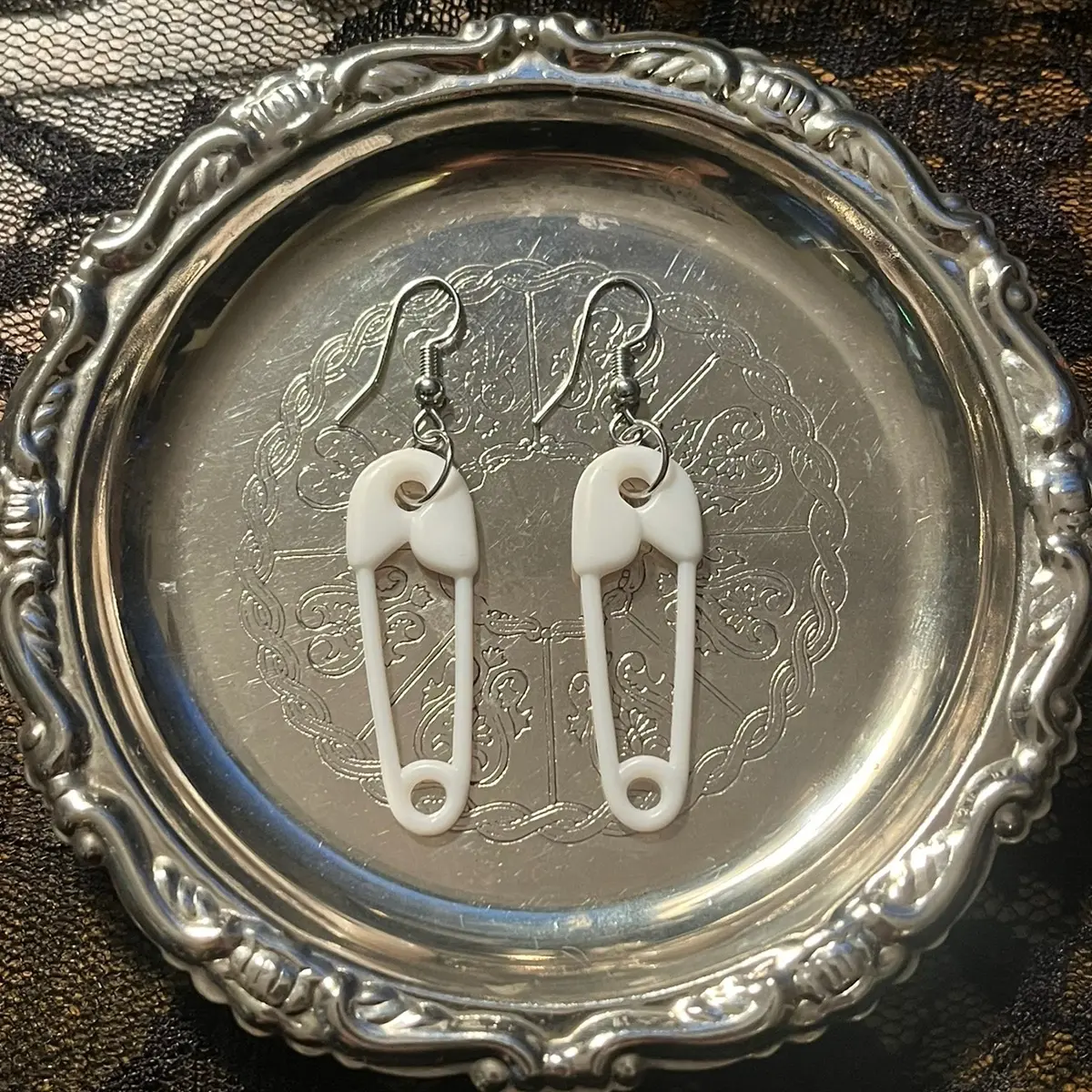 White Safety Pin Earrings