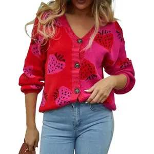 Women's Cute Strawberry Graphic Cardigan Sweaters Button Down Color Block Knit Trendy Y2K Aesthetic Preppy Clothes