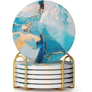 6 count Light Blue Marble Abstract Ceramic Coasters with Holder  Round Drink Absorbent Coasters for Desk, Lounge, Coffee, , Beverage, Dining Table Decor, Bar Coaster Set