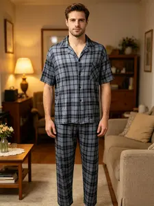 Men's Summer Thin Casual Comfortable Plaid Print Short Sleeve Long Pants Sleepwear Set, Home Wear Loungewear, Stylish & Cozy