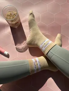 Molly Grace Grip Socks LAGREE & LATTES tan non slip grip sock with pink heart grips