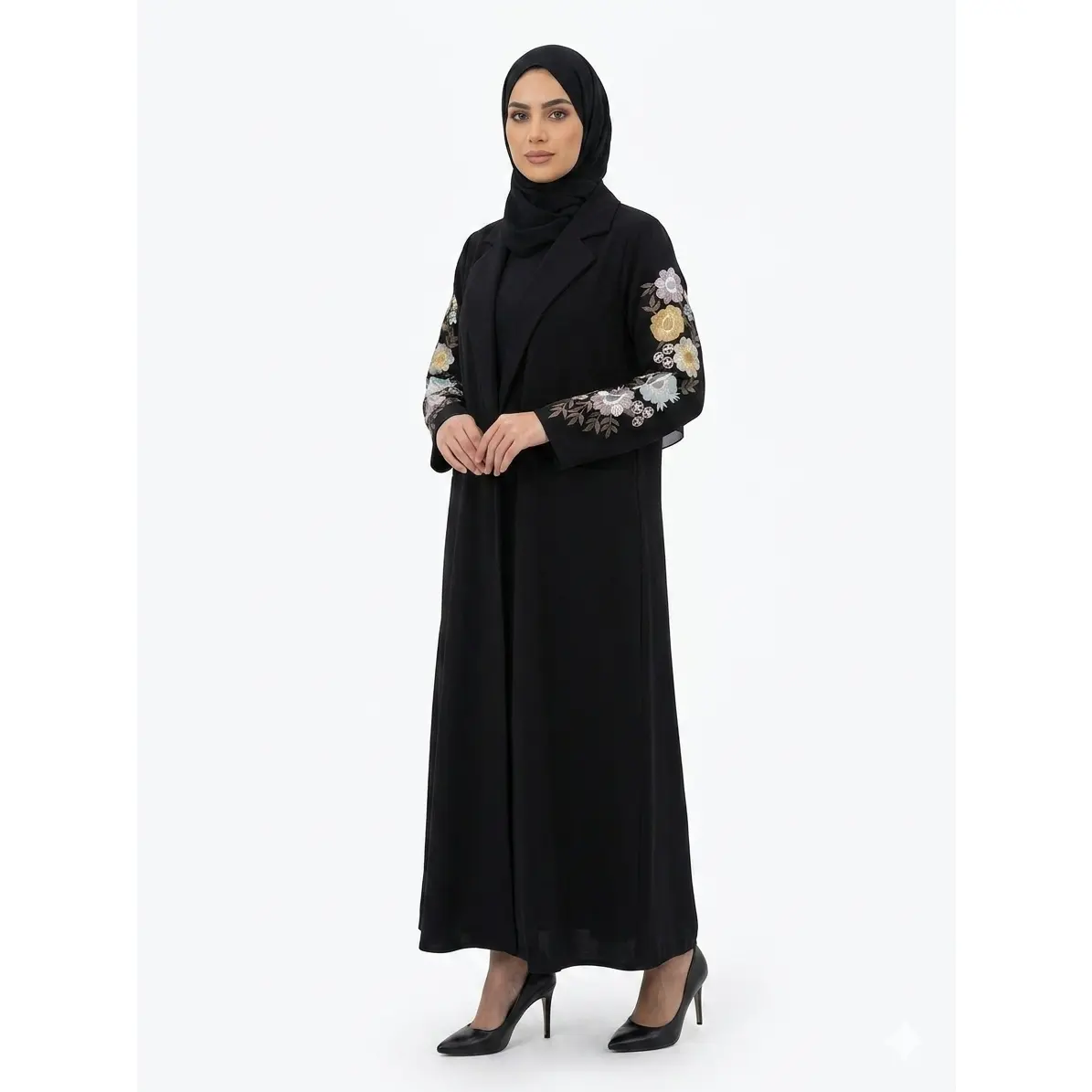 Black Open Blazer Abaya with Floral Embroidered Sleeves