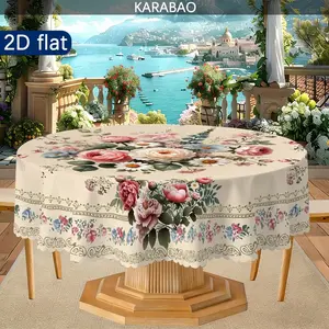 Round Floral Tablecloth with Elegant Rose Pattern, Perfect for Dining Tables, Home Decor, Kitchen, Restaurant, Indoor & Outdoor Use