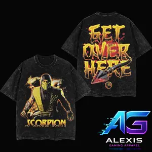 2026 Cinematic Edition Mortal Kombat Scorpion Graphic Shirt, Vintage Washed Action Fighting Game T-Shirt Hoodie, Retro Eat Over Here Flame Earthrealm Warrior Back Print Streetwear for Gamers, Unisex Cotton Mortal Kombat II 2026 Apparel, Gift for Fan