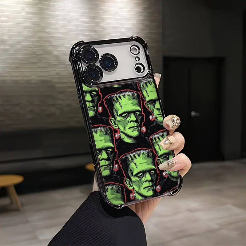 Vintage Frankenstein Monster Repeat Pattern Silicone TPU Case, Shockproof Protector for iPhone 17/16/15/14/13/12 Plus Pro Max Ultra & Samsung 22/23/24/25 Plus Pro Max Ultra, Unique Fashion Mobile Phone Cover, Custom, Phone Accessories, Airbag Corners, Dro