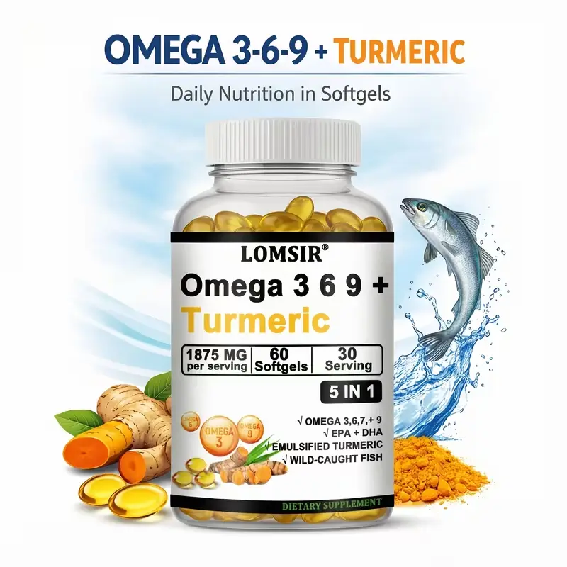 Triple Omega 3 6 9 Supplement Plus Turmeric Curcumin, DHA & EPA, Fish Oil Supplements for Brain & Heart Health Support, Advanced Absorption, 60 Softgels