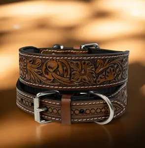 Leather Dog Collar Full grain Leather Handmade Tooled Carved 1.5" wide