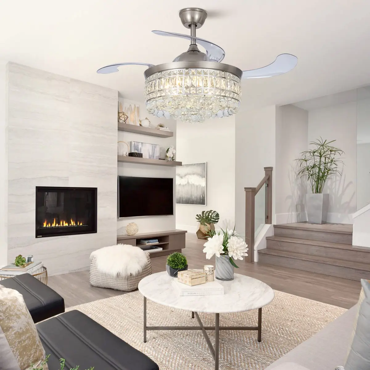 42-in American Light Luxury Crystal Invisible Ceiling Fan Lamp, 110V, Elegant Modern Home Decor, Efficient Air Circulation, Easy Installation