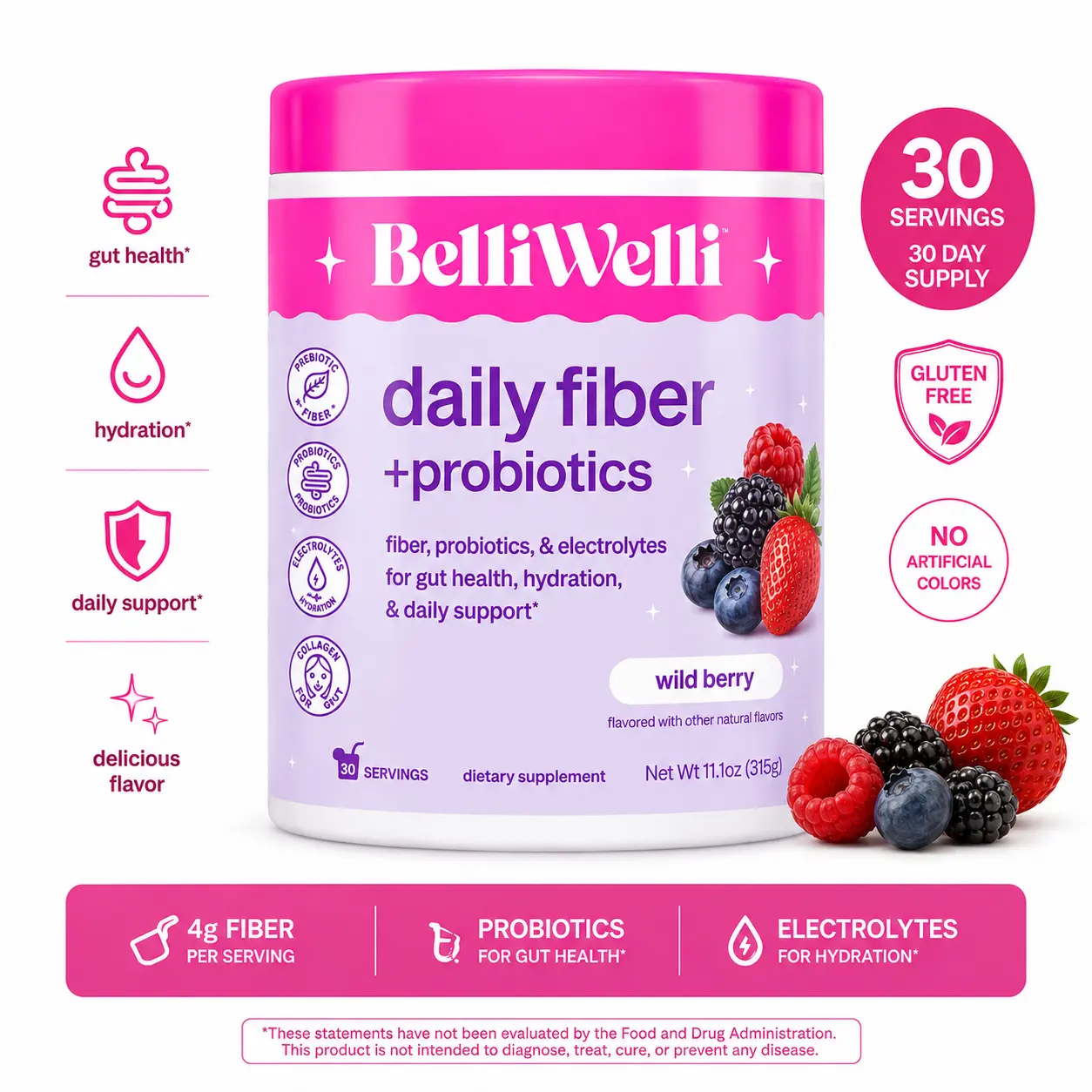 BelliWelli Daily Fiber + Probiotics - Wild Berry - 30 day