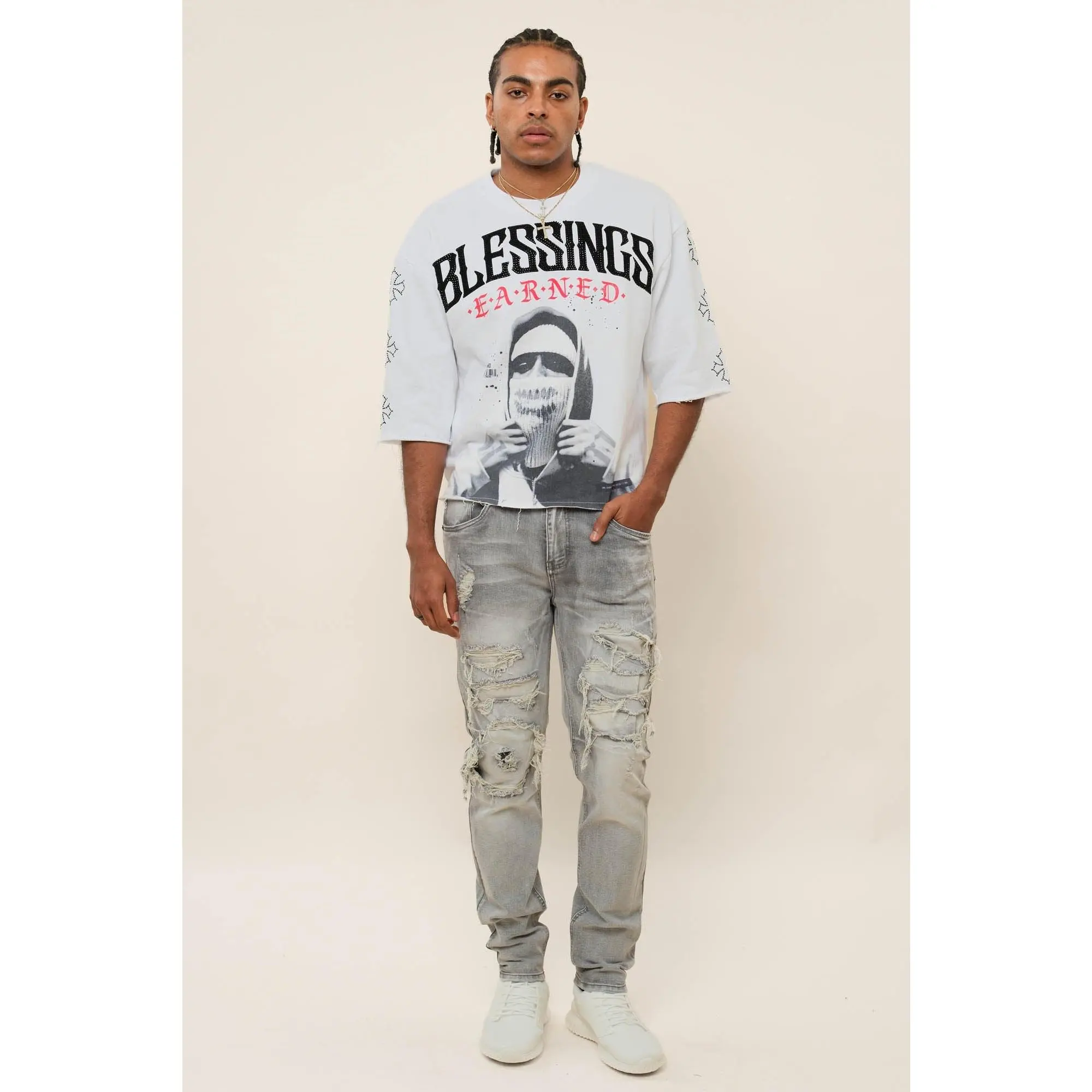 Faded Ripped Repair Denim Jeans