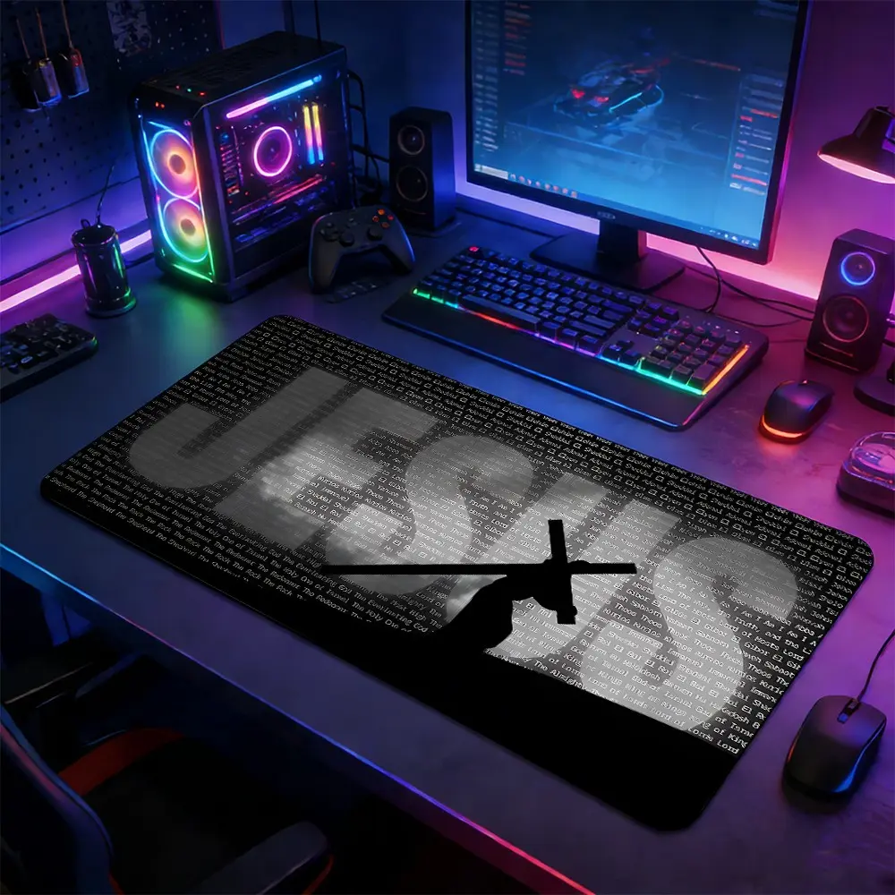 JESUS Text & Cross Silhouette Large Gaming Mouse Pad for Laptop, Non-Slip Mousepad with Rubber Base, Stitched Lock-Edge Desk Mat, Devotional Religious Art Design, Durable for Home & Gaming Setup, Gift for Faith & Christian Fans
