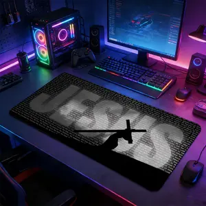 JESUS Text & Cross Silhouette Spiritual Large Gaming Mouse Pad, Made For Gaming, Non-Slip Rubber Base Stitched Lock Edge Desk Mat, Devotional Religious Art Design, Durable Computer Accessory for Home & Gaming Setup, Gift for Faith & Christian Fans