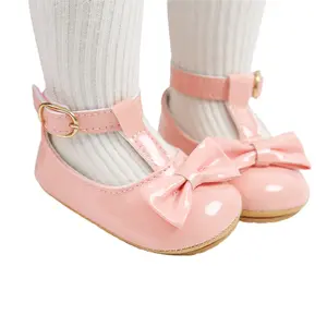 Baby Girl’s PU Toddler Shoes Fashion Solid Color Bow Rubber Sole Casual Shoes and Headband Set  for 0 6 12 18M