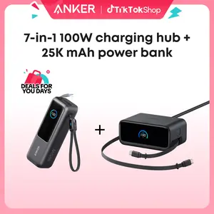 Anker Portable Laptop Power Bank with Built-In Cables, 25,000mAh High-Capacity Battery, Fast Charging for 4 Devices and Anker Nano Charging Station, 7-in-1 USB-C Power Strip, 2.3 ft Anker InstaCord Retractable Cable, 3 USB-C, 1 USB-A, 3 AC,