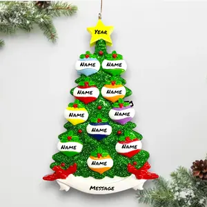 Personalized Green Glitter Tree of 10 Christmas Ornament – Custom Family Names & Year – Sparkly Tree with 10 Hearts – Noel Box