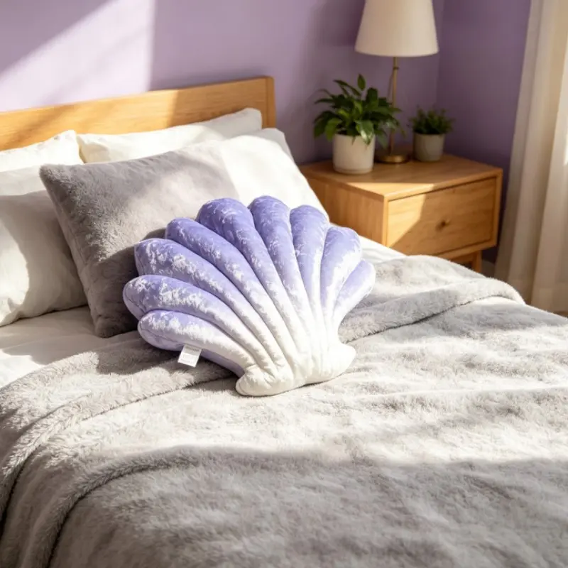 Shell Pillow Decorative Cushion, Dust Blue Shell Pillow, Cute Beachy Plush Pillow, Bed Decoration, Casual Style, Aesthetic Home Accent, Bedside Cushion