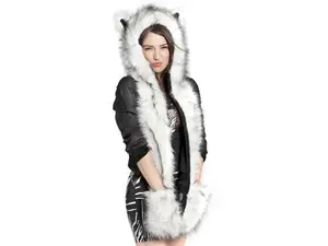 Winter Animal Hat Faux Fur Hooded Scarf Cute Furry Ears Paw Gloves Pocket Hoodie Beanie Cap Party Costume for Women Girls