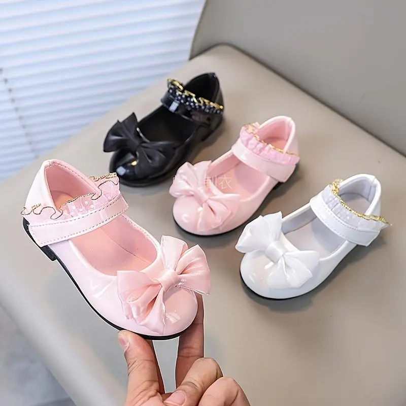 Toddler Girls' Bow-Decorated Low-Top Flats, Slip-On Dress-Up Party Shoes with Soft Sole, Round Toe, Charming Bow, Synthetic-PE-Rubber Footwear (Fabric, PU Artificial Leather)