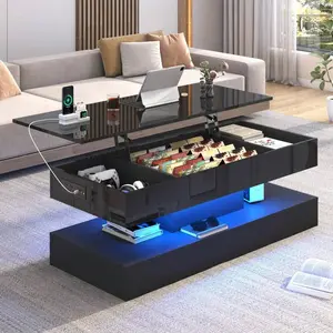47.2" Large Lift Top Coffee Table,Modern High Glossy LED Coffee Tables For Living Room With Storage,Black Living Room Tables For Living Room,Dining Room,Bedroom Home Office,USB Powered LED Lights outdoorfun