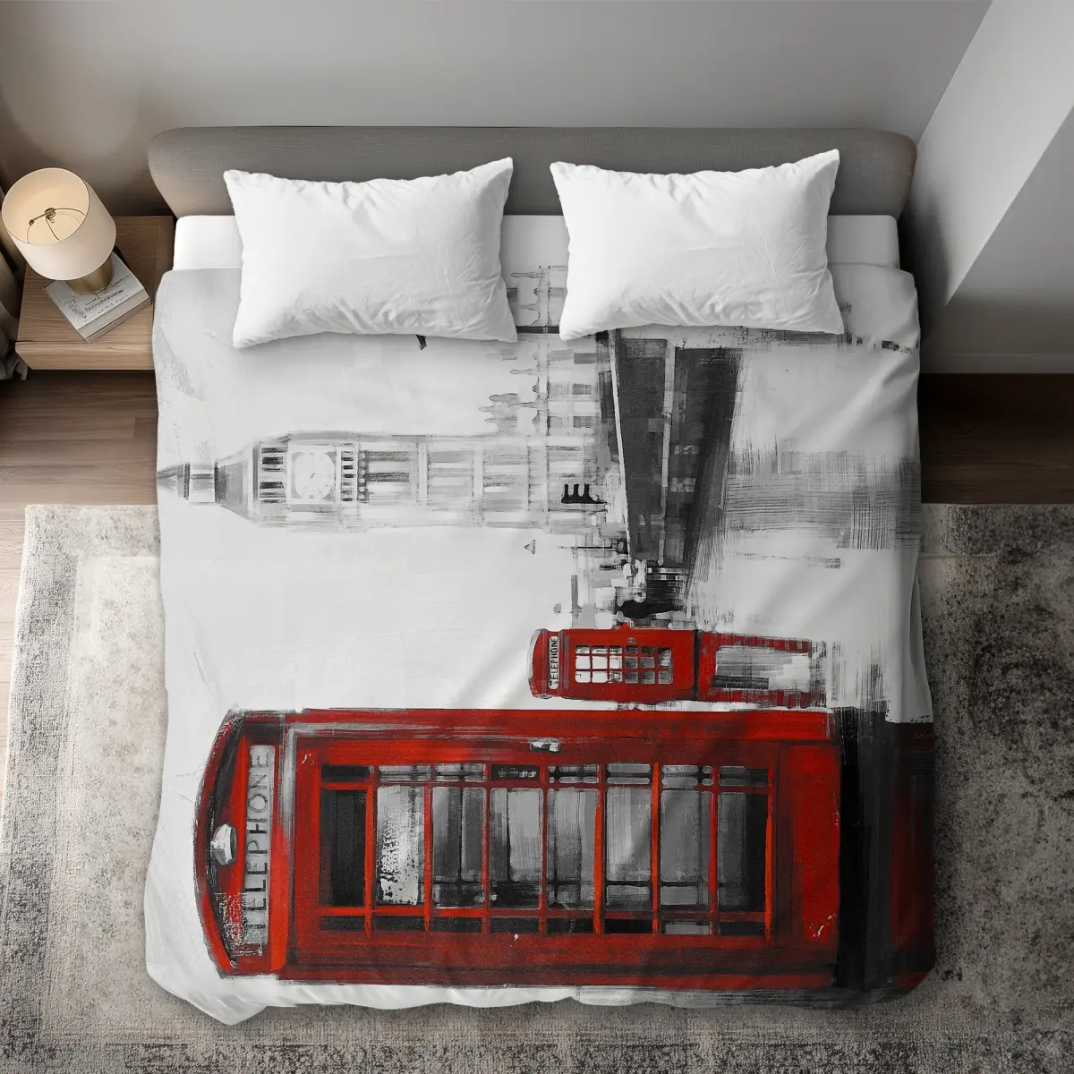 Begin Home Decor C1DCKSW0A3V2CV Red Phone Booth Microfibre Duvet Cover - King Size, Soft Texture, London Scene Big Ben British Bedding, Decorative Comfy Bed Setup