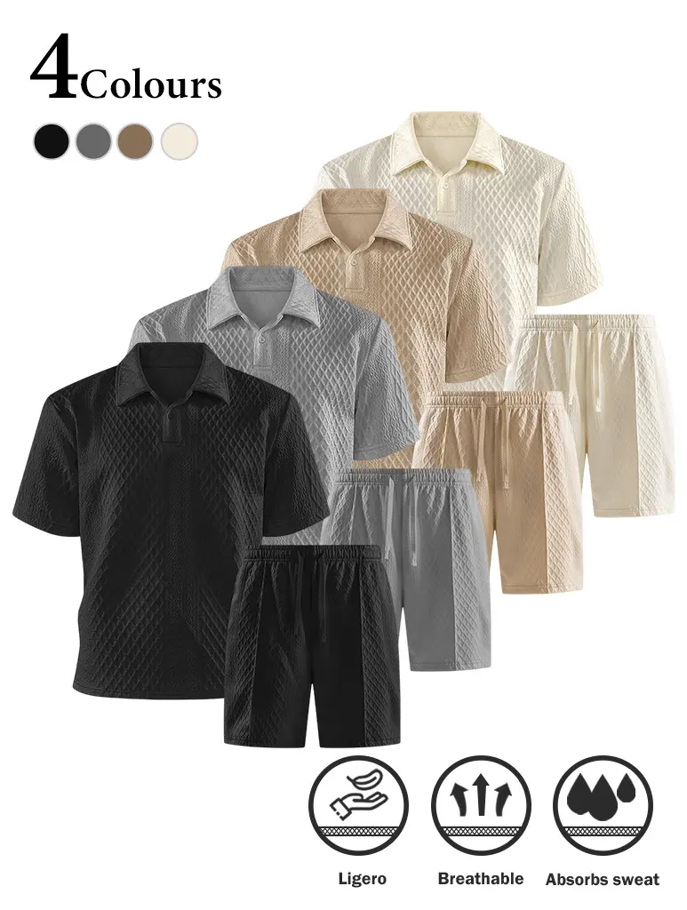 Men's 2-Piece Golf Sports Set, Solid Color Textured Short Sleeve Polo Shirt Outfit for Golf Play, Short Sleeve Tops, Set Pack