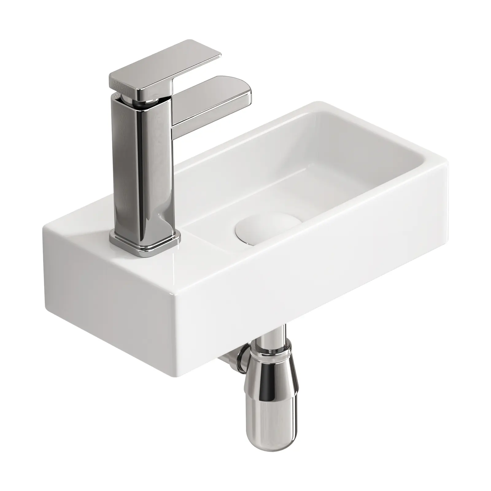 Small Wall Mounted Bathroom Sink with Silver Faucet and Drain, 14.57 x 7.09 x 3.54 Inch White Ceramic Rectangular Basin, Space-Saving Floating Sink Set for Powder Rooms and Guest Bathrooms