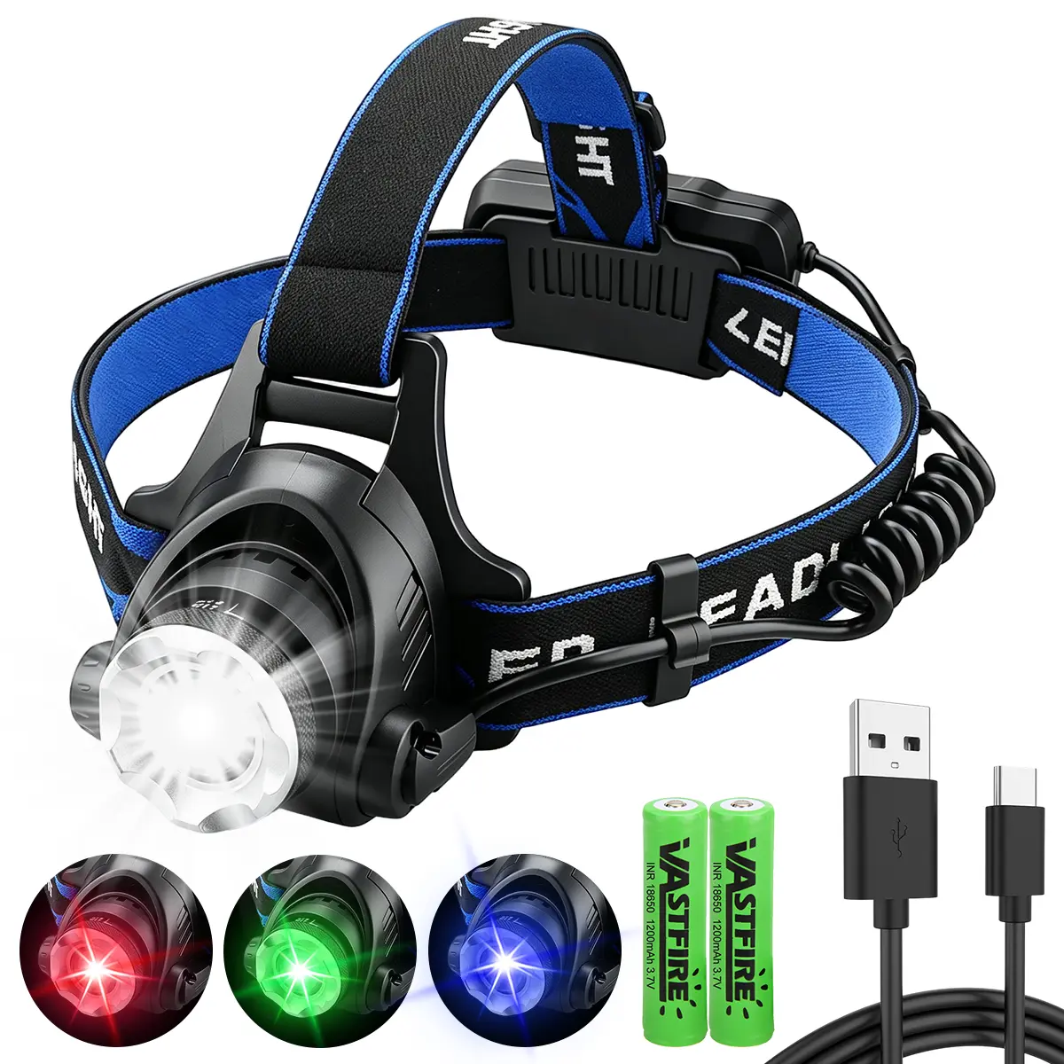 4-in-1 Multi-Color LED Headlamp - White, Red, Green & Blue Light Zoomable Headlight, 90° Tiltable Adjustable Head Lamp Flashlight with Rear Red Warning Light for Night Fishing, Hunting, Camping