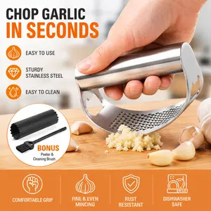 Stainless Steel Garlic Press Rocker, 2026 New Manual Garlic Crusher, easy-squeeze & labor-saving design, comes with garlic peeler and cleaning brush, durable silver garlic mincer chopper, practical essential kitchen gadget for home cooking and food prep