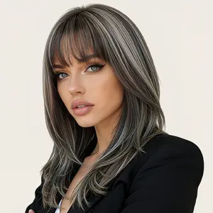 AOLIDA-AMBER 18-Inch Mid-Length Straight Dark Grey Wig with Highlights & Bangs Synthetic Material Glueless Hair for Everyday Wear