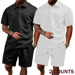 Men’s solid-color polo shirt and drawstring-waist shorts set, 2-piece comfortable, breathable casual outfit suitable for everyday outdoor wear; summer menswear.