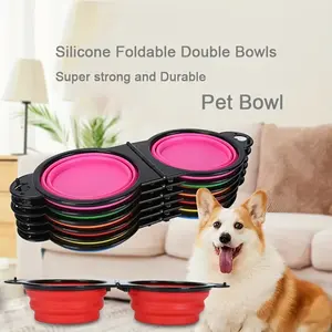 Portable pet folding bowl, outdoor dog double bowl for water and food sharing, cat bowl, pet dog food basin, suitable for travel, camping, outdoor walks, telescopic dog bowl, TPE, hangable, with climbing buckle, pet folding double bowl