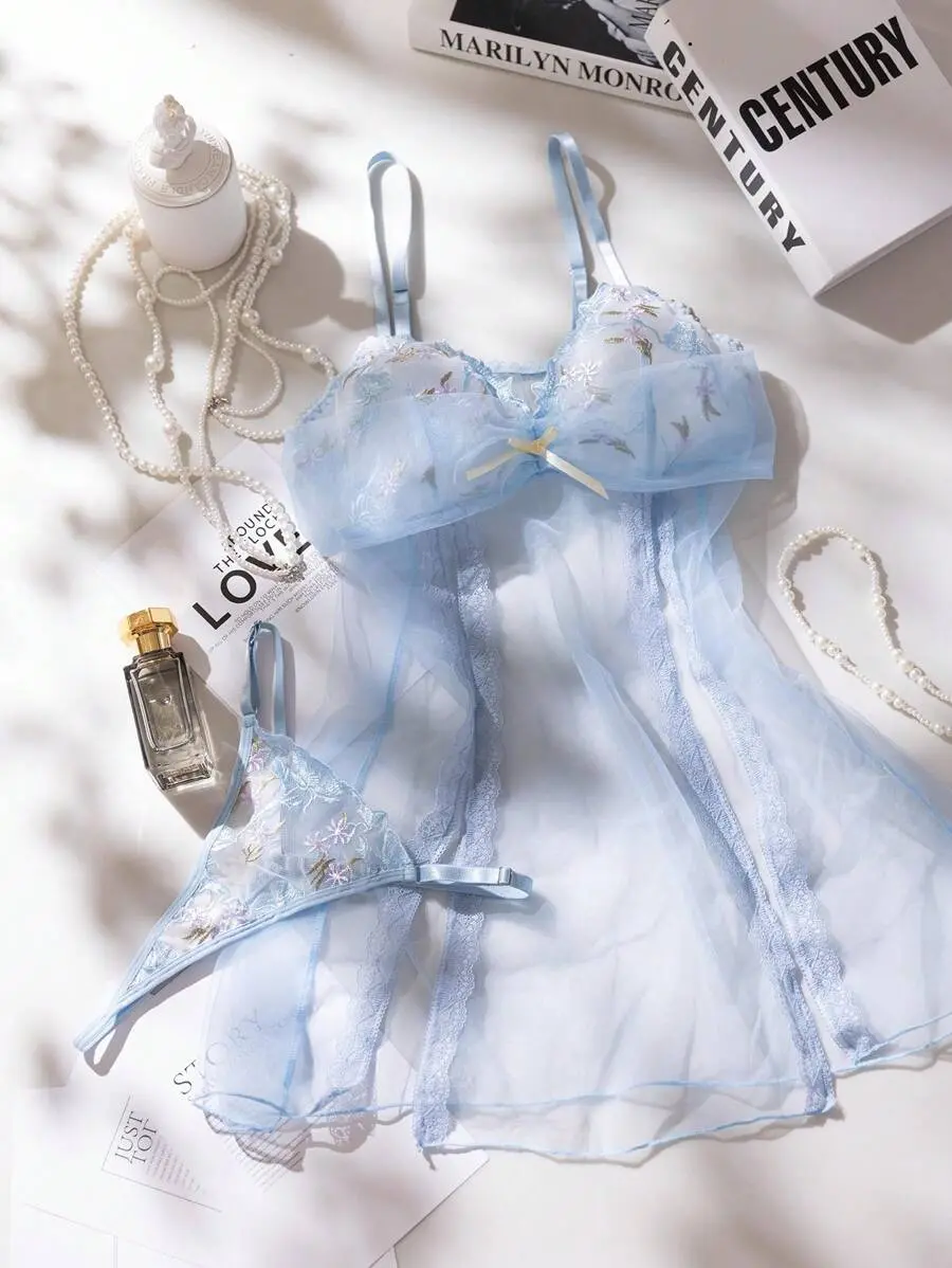 ORIANNA 2pcs/Set Women Solid Color Embroidered Sheer Camisole Nightgown And Thong Panty Set