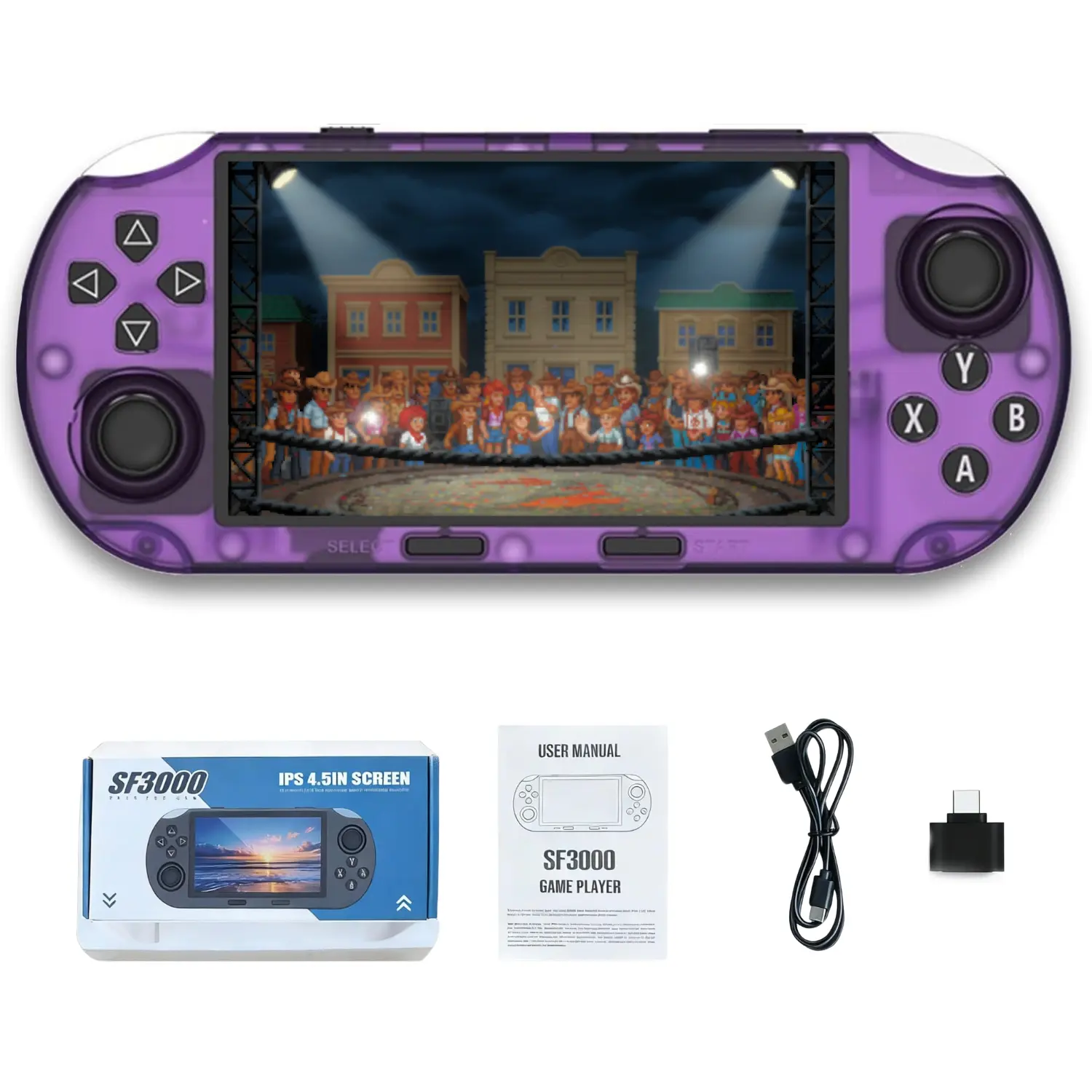 Purple Retro Gaming Handheld Console for Console Gamers, 4.5in IPS Display, Dual-Core Processor, Dual Joystick Controls, Built-in Multi-Platform Simulator with 20000+ Retro Games, TV Output, Speaker, High-Capacity Batteries Built-in, Manufacturer Warranty