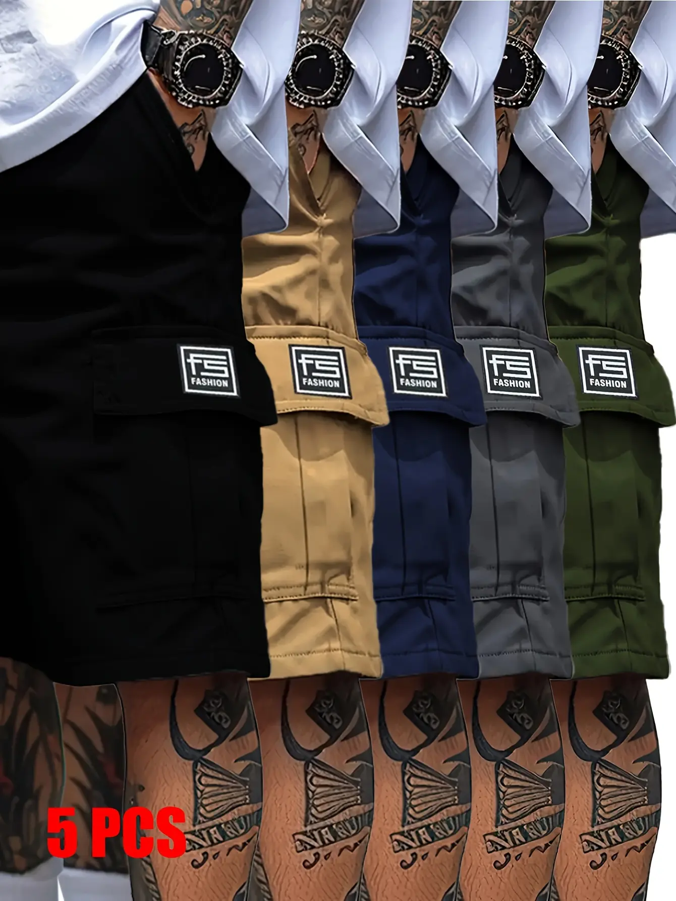 Men's Cargo Shorts (5-Pack), Thick Fabric Menswear Bottoms with Straps, Trendy Woven Labels, Multiple Ample-Storage Pockets, Black