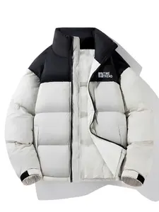 Winter warm windproof cotton-padded jacket, unisex, color contrast design, stand collar coat, couple style, suitable for daily leisure, outdoor activities wear puffer jacket, men jackets for winter