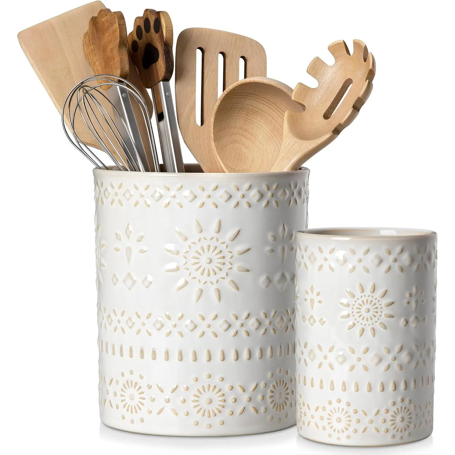7.2"+5.4" Ceramic Utensil Holder Set of 2, Large Cooking Utensil Crocks for Kitchen Counter, Farmhouse Utensil Vase Ideal for Housewarming and Kitchen Decor