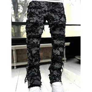 Men's Fashionable Paisley Print Frayed Hem Slim Fit Jeans Casual Menswear