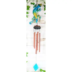Ebros Green Camouflage Gecko Lizard Whimsical Copper Metal Wind Chime 40" Long
