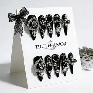10-piece set | TRUTH AMOR Black-Silver Raid・Handcrafted Landmine-style Y2K Nails | Gothic Silver Ornament Artistic Feel・Removable & Reusable | For parties, daily use, rebellious nail choice | Handmade Press On Handmade Acrylic Nails