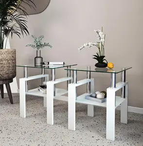 Small Glass Side Table Set of 2 ,2-Tier End Table with Metal Frame Black Square Nightstand for Small Spaces Bedrooms Living Room Durable Tempered Glass Sturdy Design