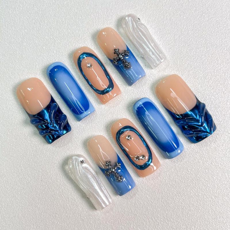 Alice WonderNails – Blue Chrome Cross Press-On Nails | Abstract 3D Swirl Nail Art with Silver Gem Accents | Handmade Long Coffin Nails – AW297